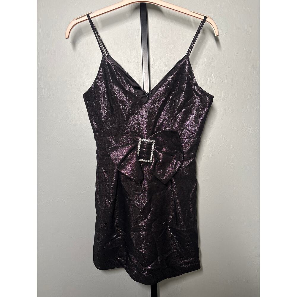 Ramy Brook Ana Metallic Mini Dress Womens 8 Black Shiny Big Bow Crystal $495 - Picture 3 of 8